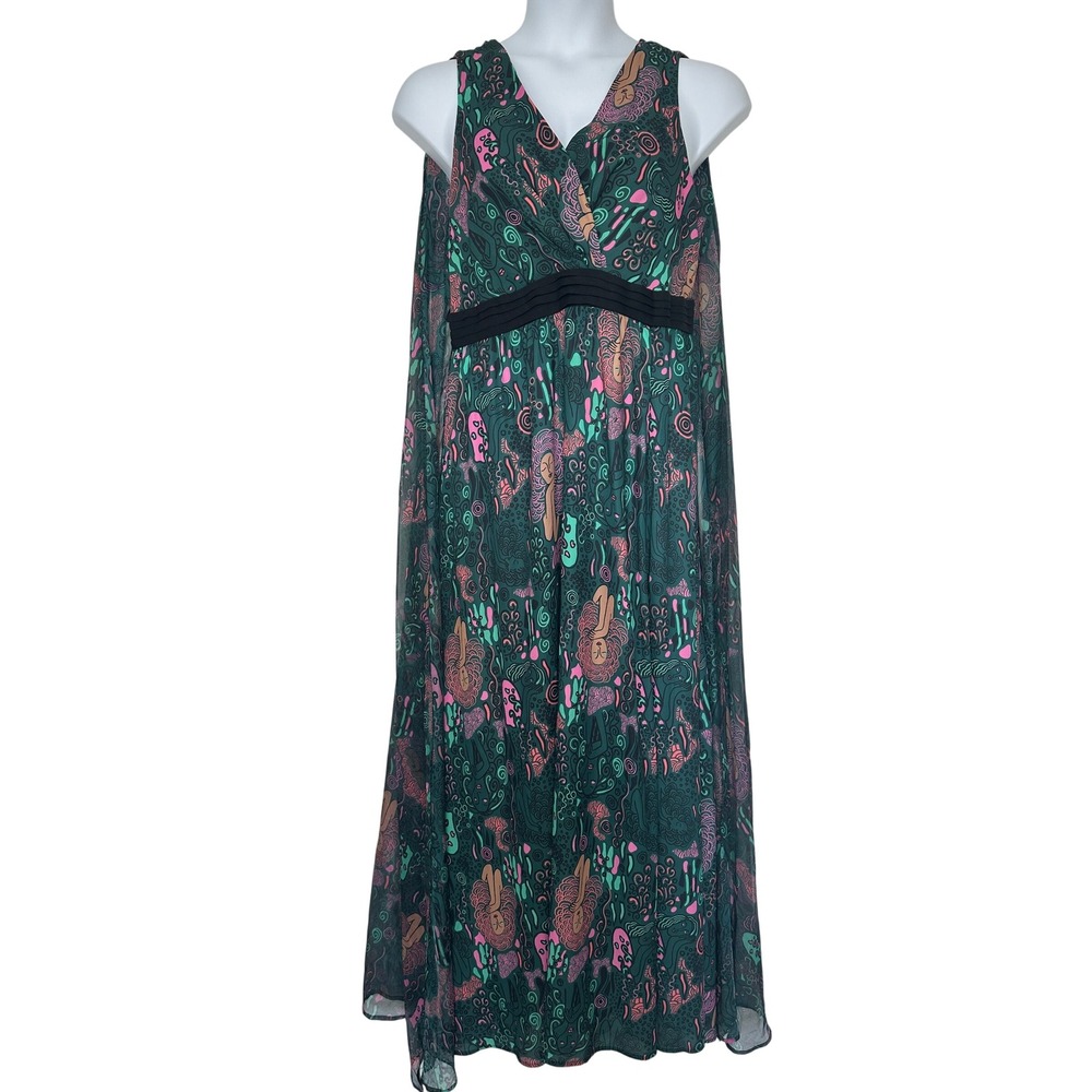 Unique Vintage Psychedelic Capelet Sleeveless Maxi Dress XL 14 Green Whimsigoth